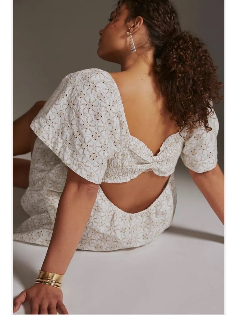 Maeve By Anthropologie Smocked Tunic Open Back Mini Dress In Cream & White Sz 1X - Picture 10 of 11